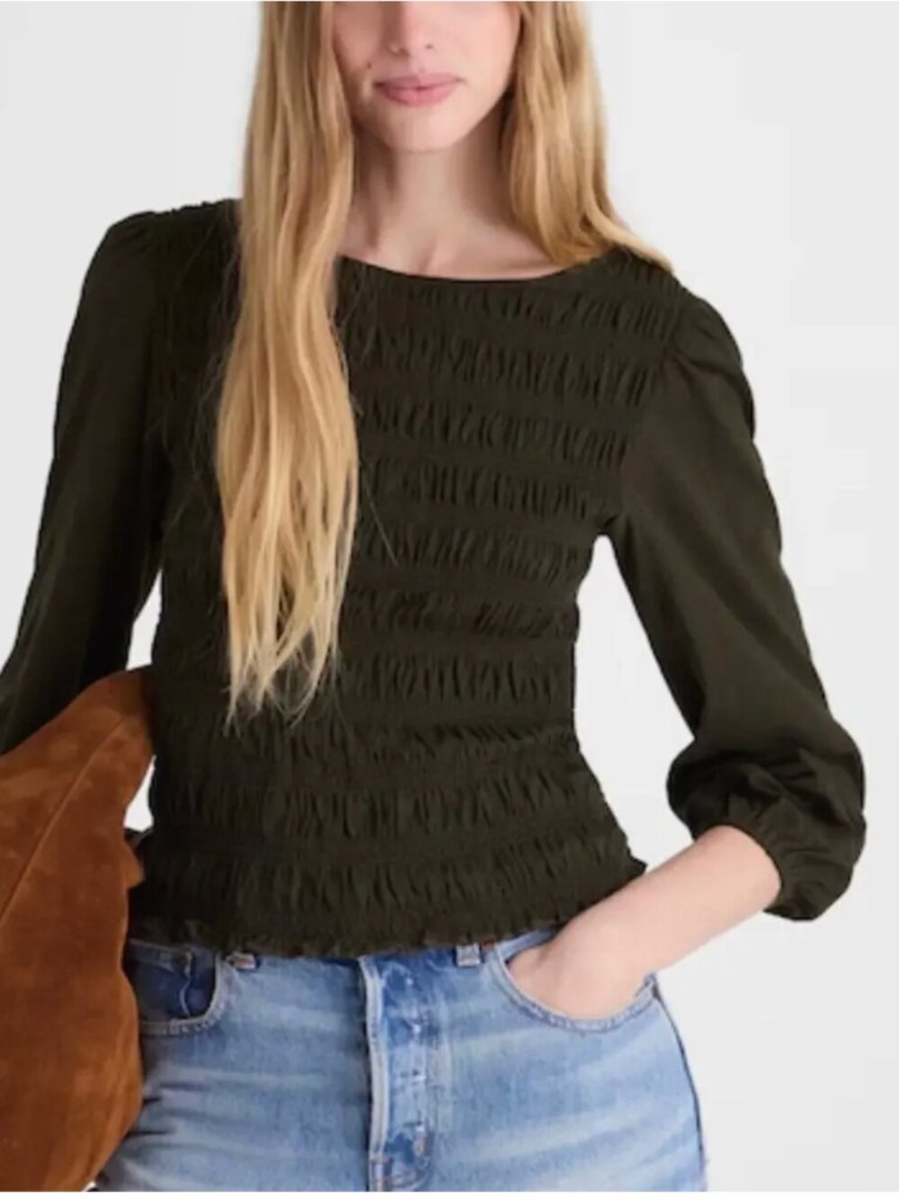 Madewell Black Smocked Boatneck Long Sleeve Top Size Medium NWT